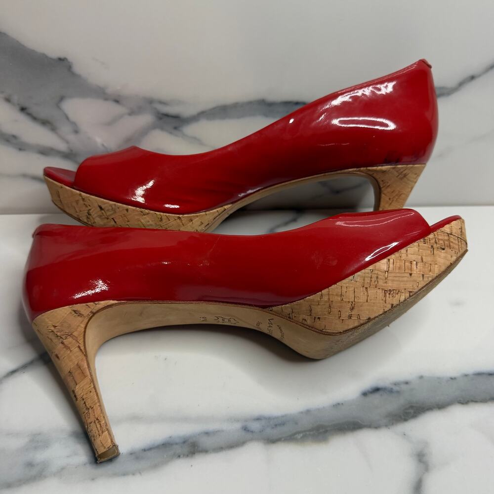 Via Spiga Women's Red Patent Leather Cork Platform Peeptoe Heels Sz 9.5 FLAW - Picture 5 of 8